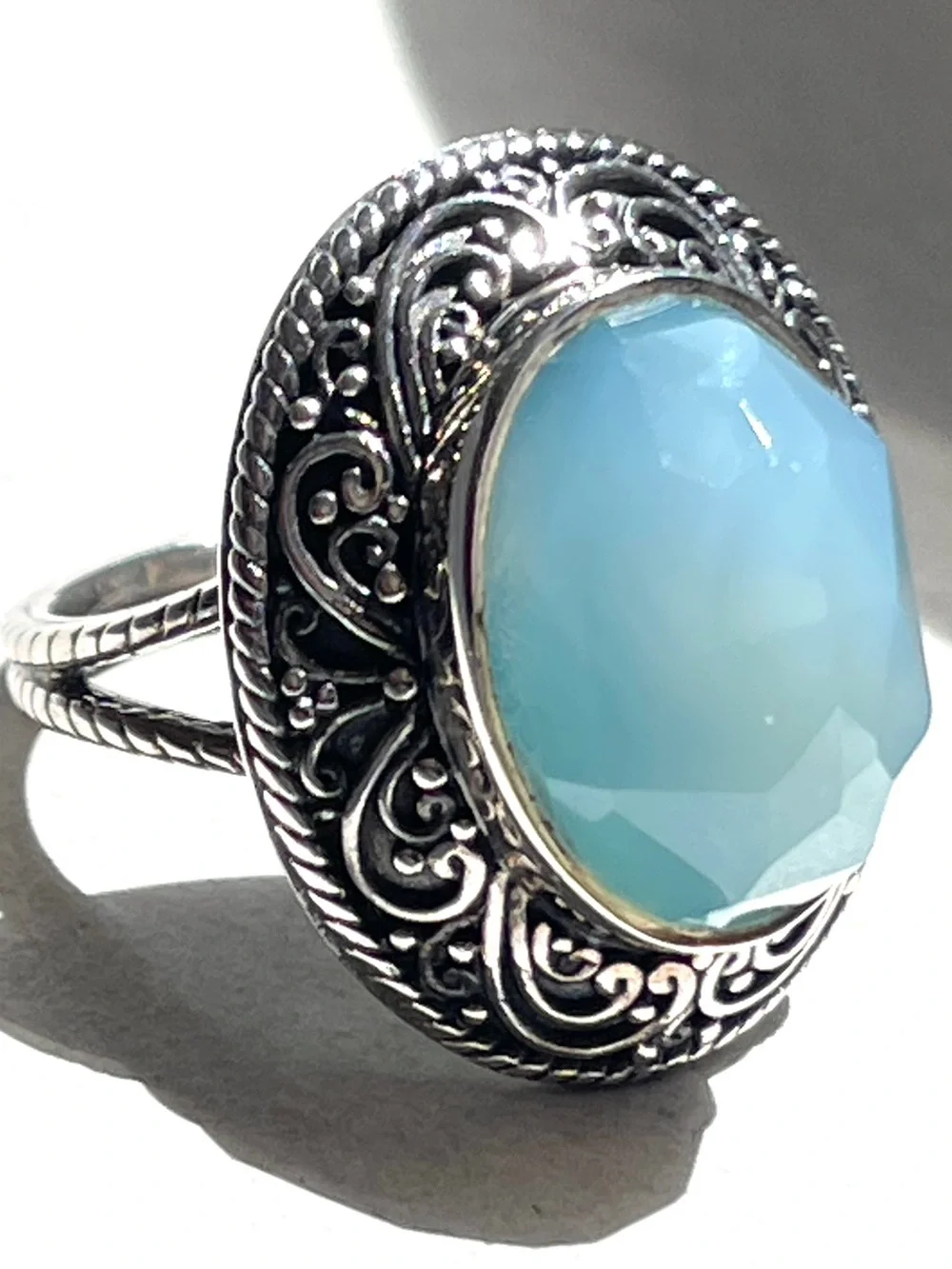 Vintage Sajen Ornate Sky Blue Quartz Faceted Statement Ring 925 Sterling 7